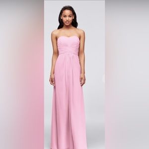 Long strapless baby pink chiffon bridesmaid dress with pleated bodice